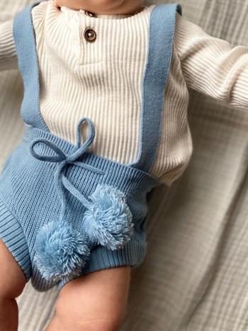 Mama Yoyo Ayarlanabilir Askılı Triko Bebek Şortu - Konsept Bebek Kıyafeti Romper - Uçuk Mavi